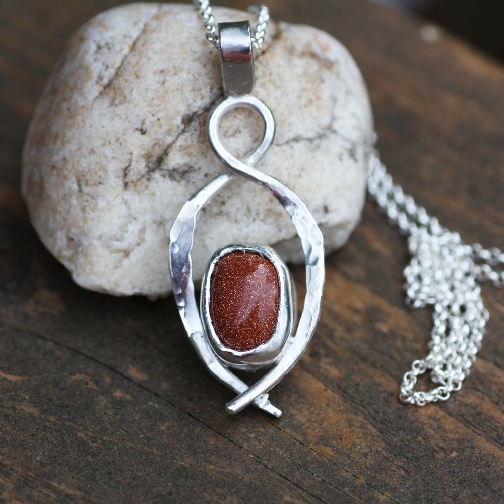 New Copper Sandstone Pendant Handcrafted Sterling Silver, 20" chain